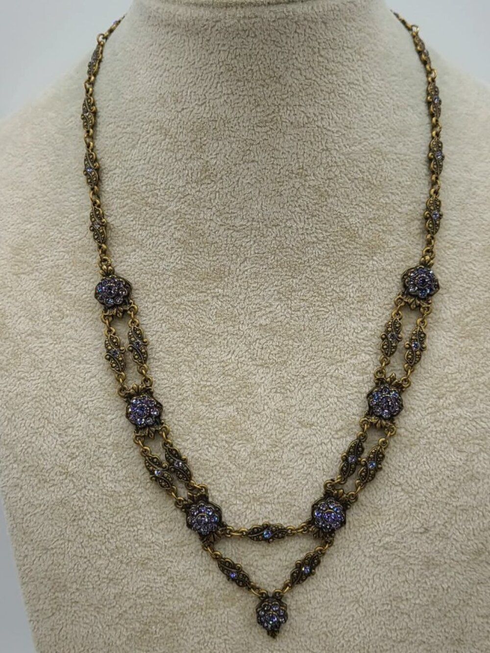 Sweet Romance Delicate Antiqued Brass Look Necklace with Crystals
